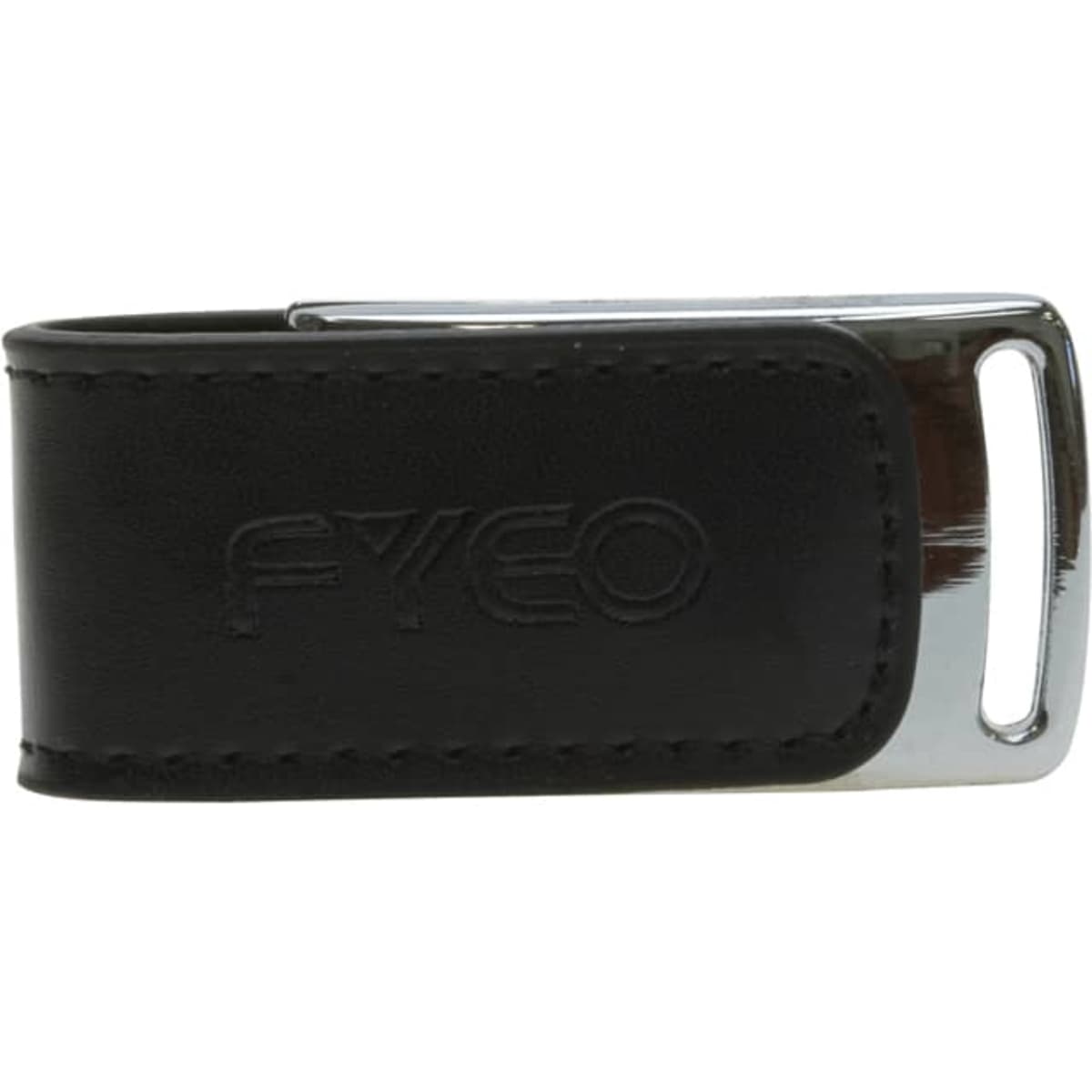A sleek black leather flash drive with a silver metal clip and a subtle logo.
