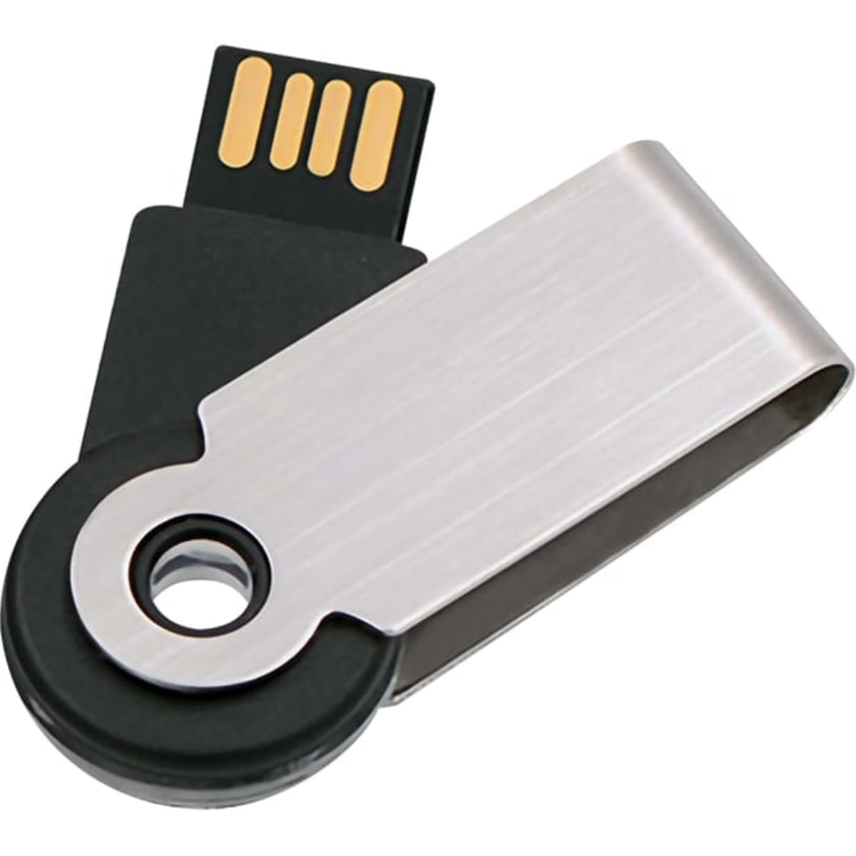 A silver and black USB flash drive with a swivel design and a hole for attachment. It features a logo on the surface.