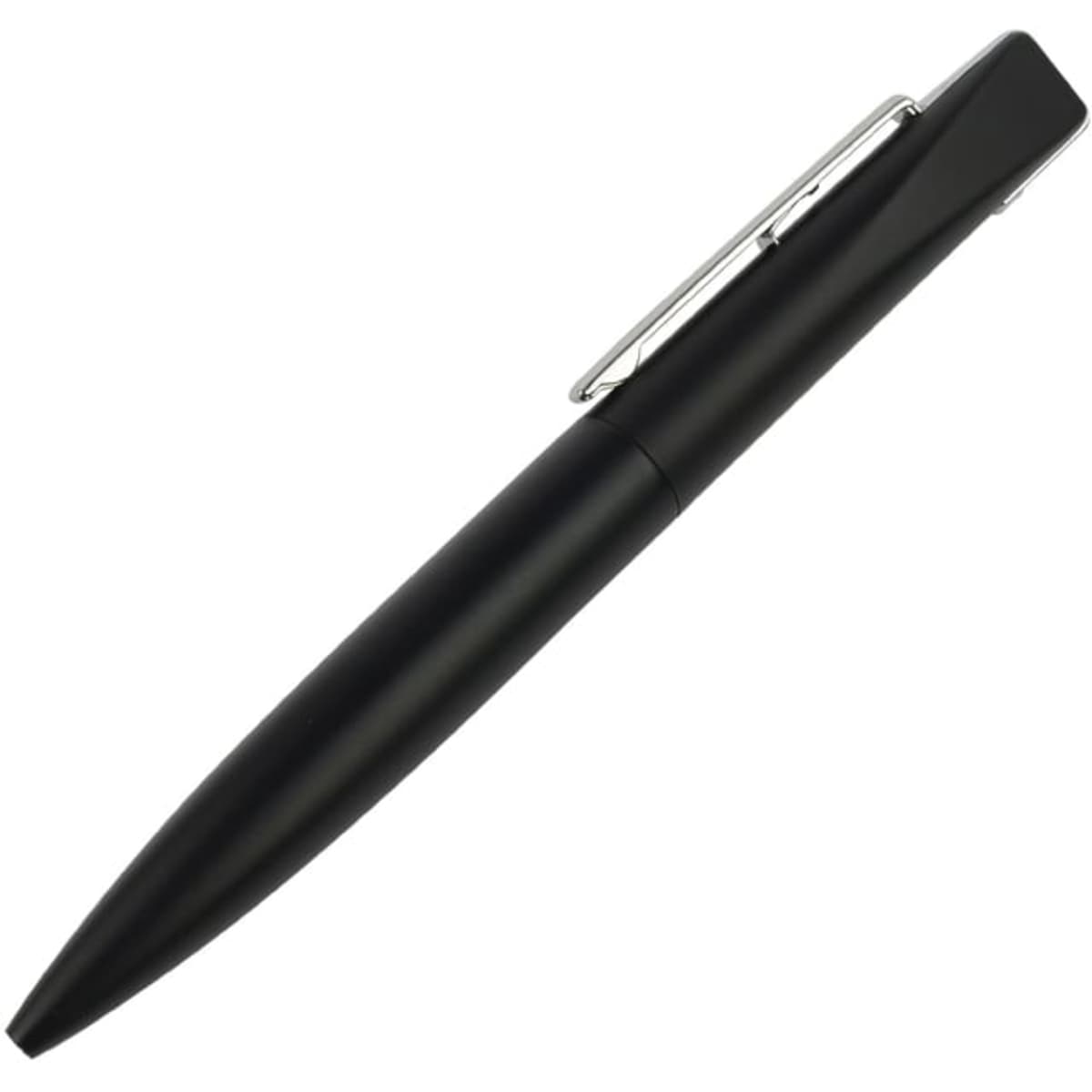 A black metal pen with a sleek design and a chrome clip, featuring a logo on the side.