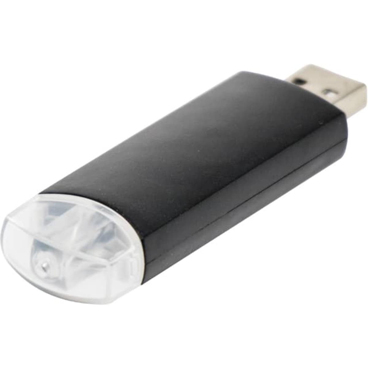 A black flash drive with a transparent cap and a silver USB connector, featuring a logo.