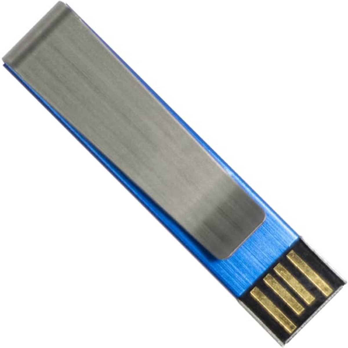 A blue flash drive with a metallic clip and gold connectors. The product features a logo.