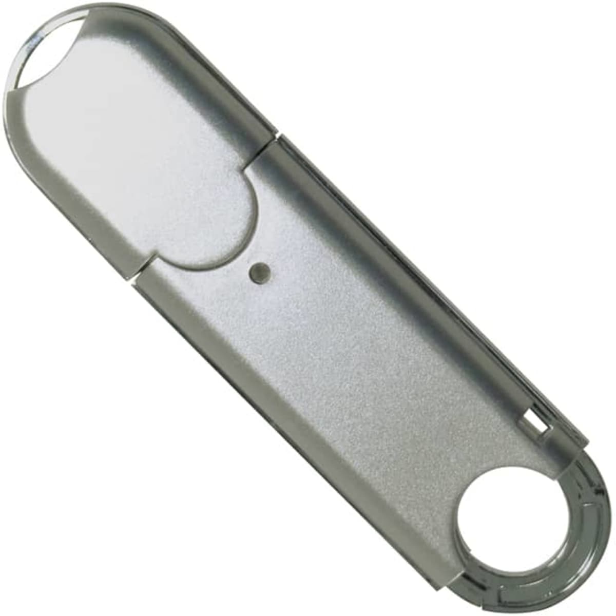 A silver flash drive with a rounded end and a small hole for attachment. It has a branding logo.