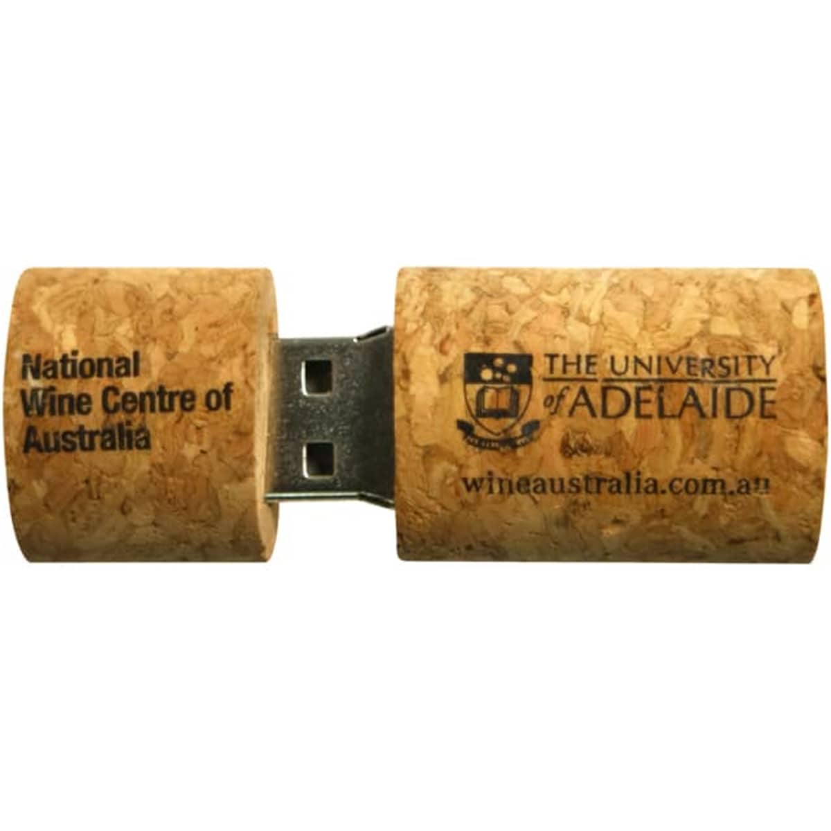 A cork flash drive in natural cork colour, featuring a logo and text on its surface.