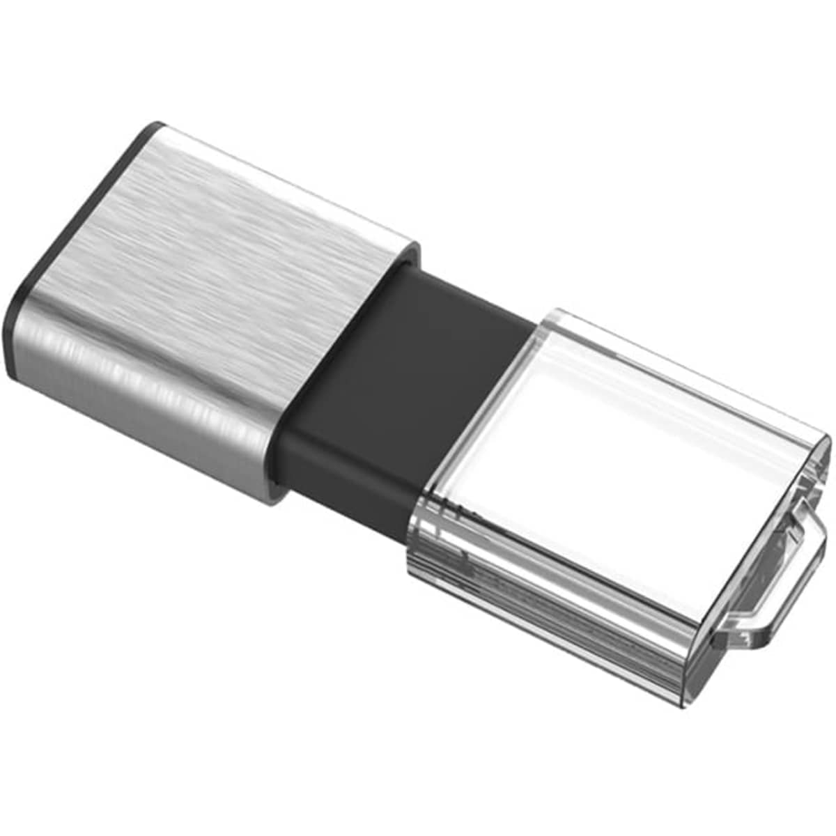 A silver and black flash drive with a transparent protective cover and a metal casing.