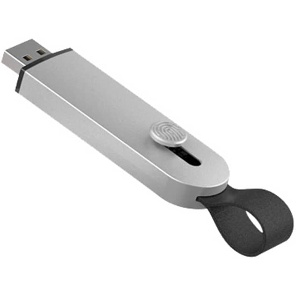 A silver USB flash drive with a black loop attachment and a fingerprint sensor.