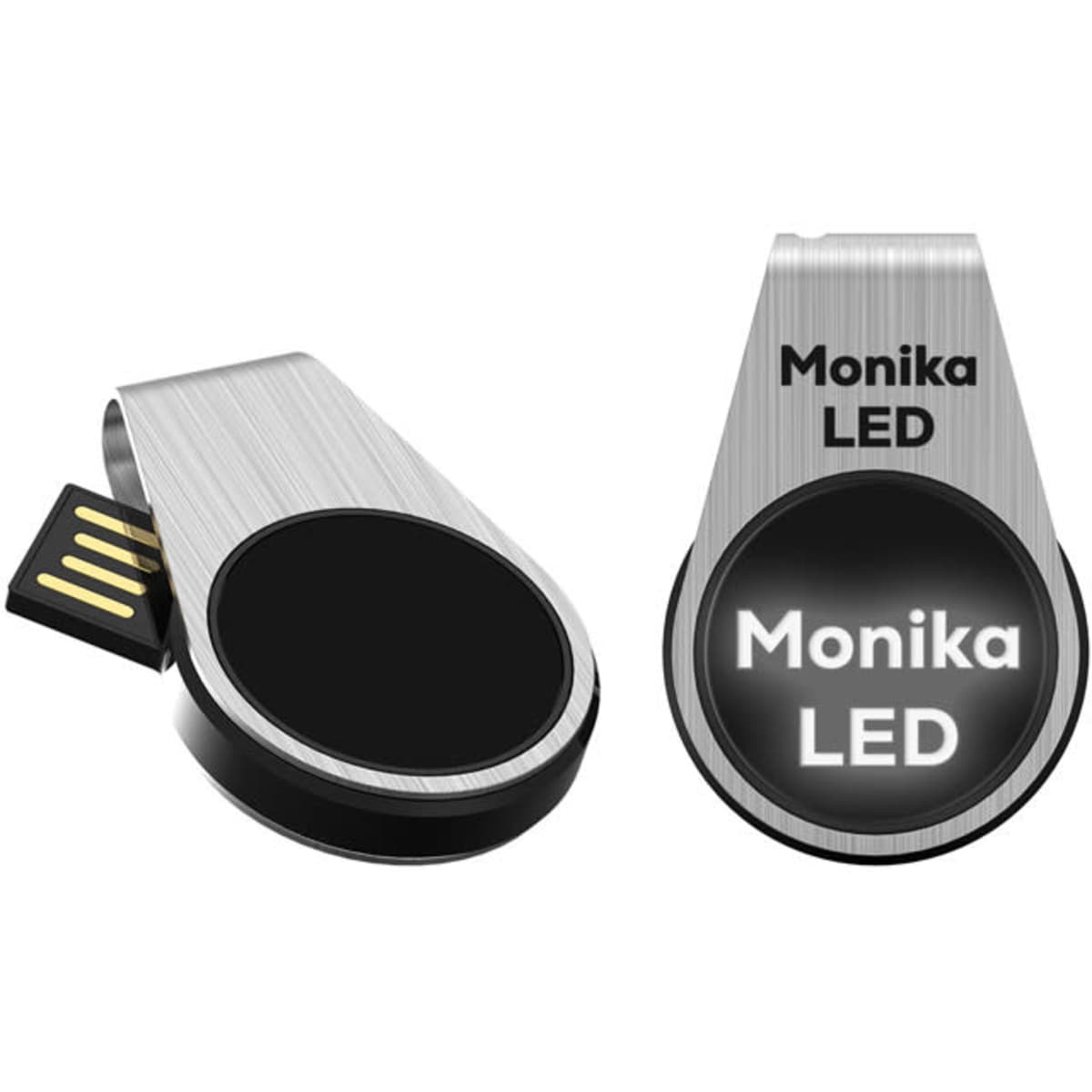 A silver LED flash drive with a black circular section and a branding logo. The drive has a retractable connector.