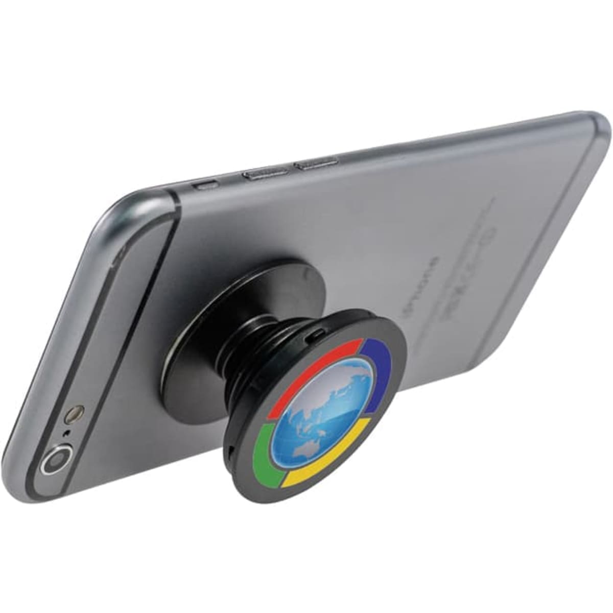 A black phone stand with a colourful circular design attached to the back of a smartphone.