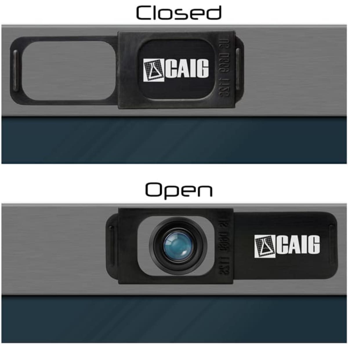 A webcam cover slide in black, shown in both closed and open positions, featuring a logo.