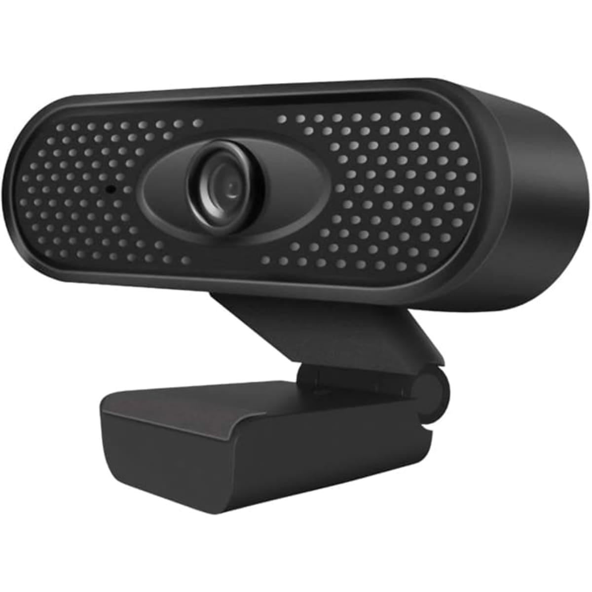 A black webcam with a textured surface and an adjustable mount for easy positioning.