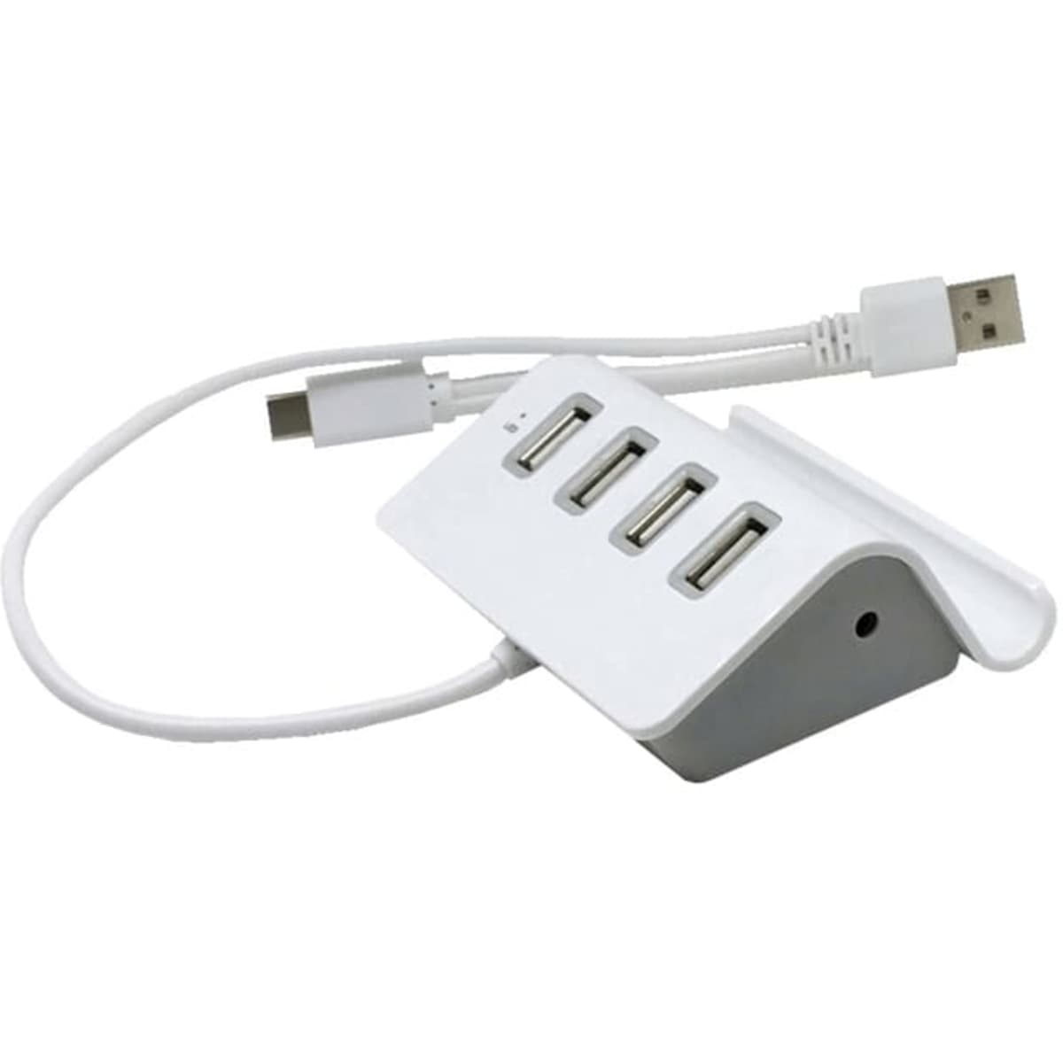 A white USB hub with four ports and a connecting cable, featuring a sleek, angled design.