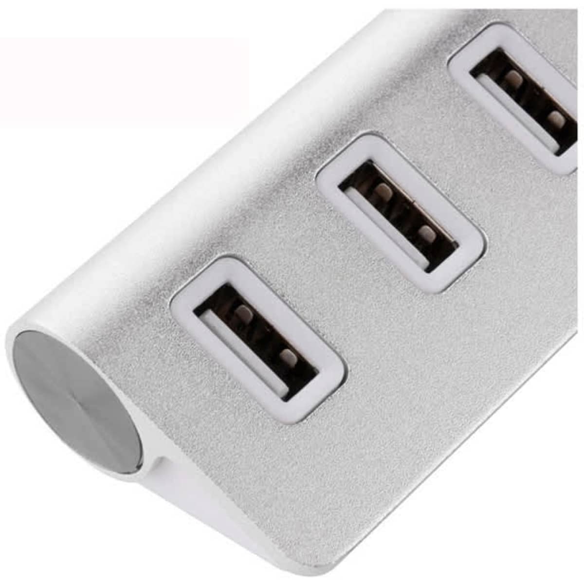 A USB hub in silver with three USB ports and a rounded end, featuring a sleek, minimalist design.