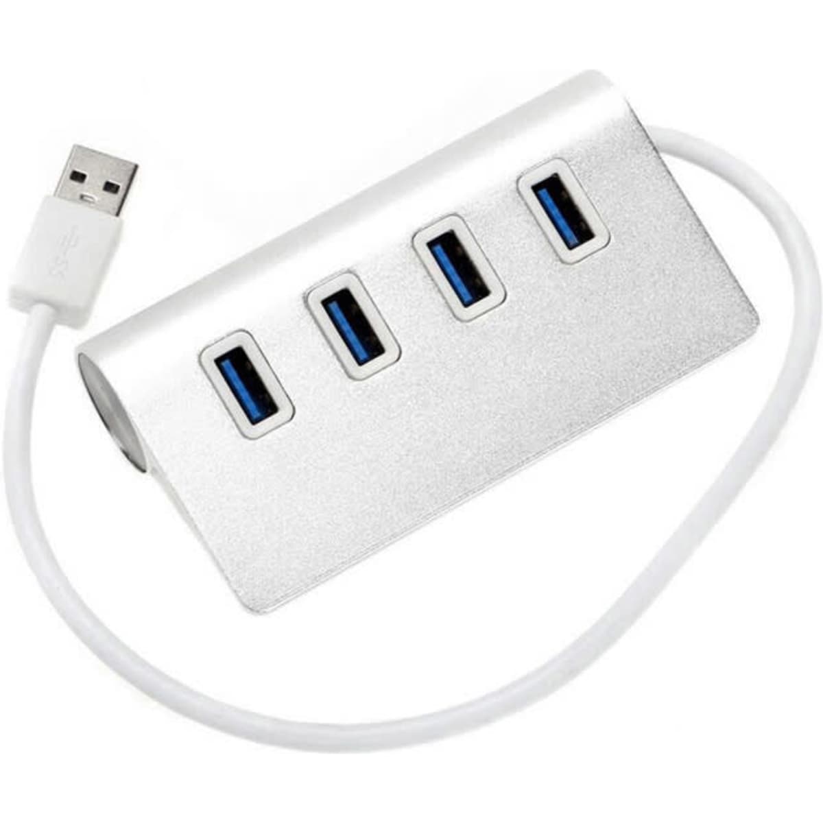 A silver USB hub with four ports and a white cable attached. It has a sleek, modern design.
