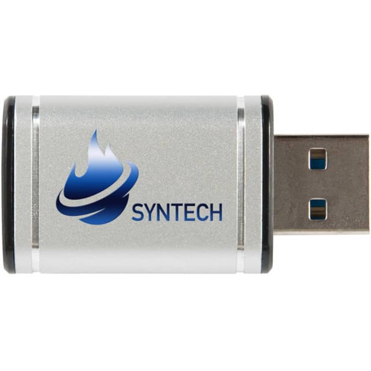 A silver USB Data Blocker with a black tip and a logo on the side, designed for fast charging.