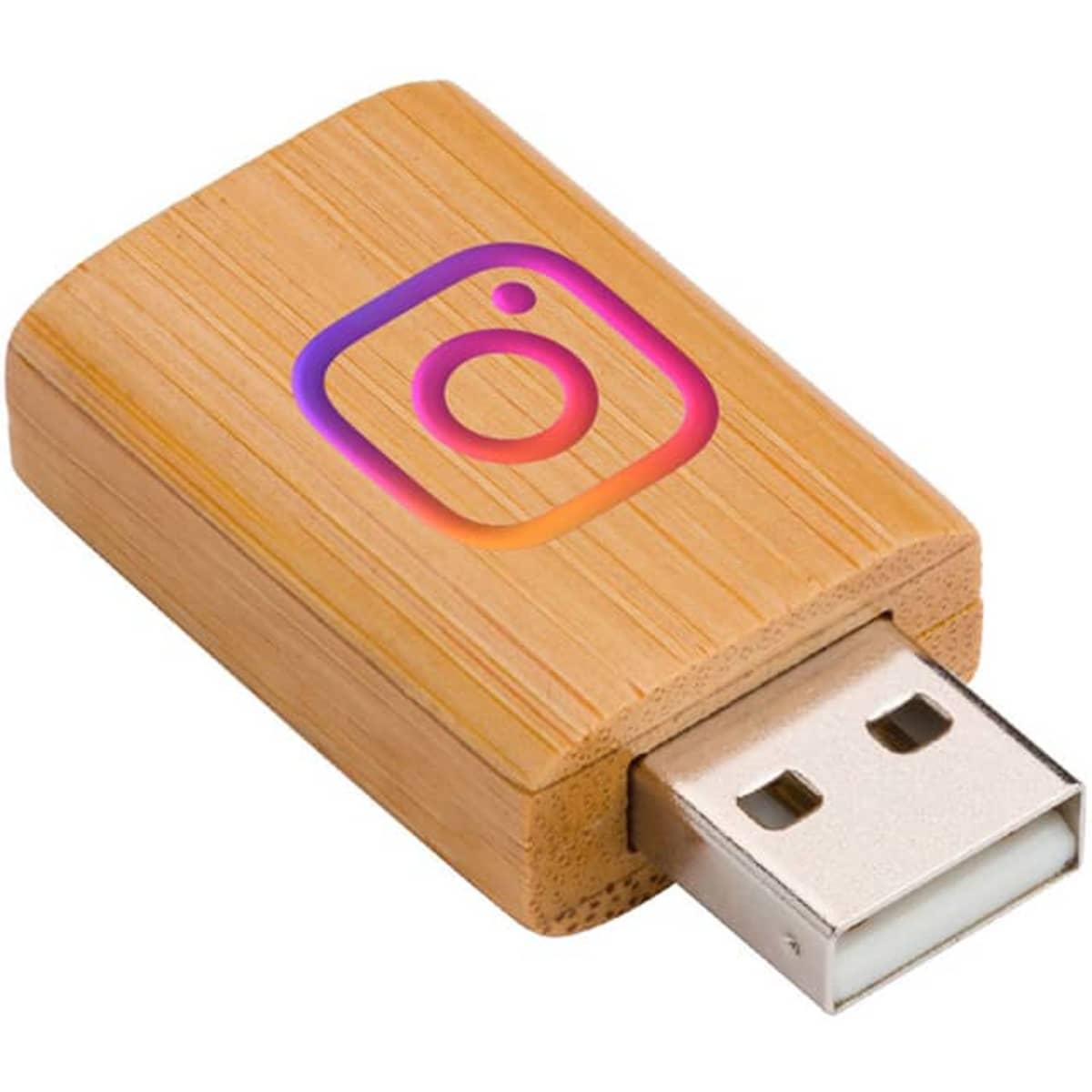 A USB data blocker in a rectangular wooden casing featuring a logo, with a silver USB connector.