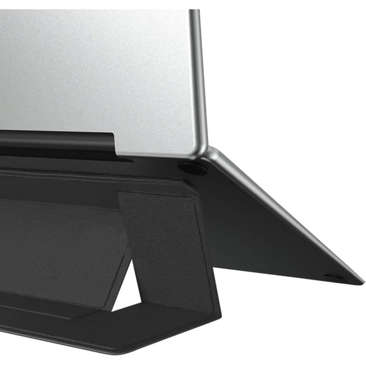 A slim black laptop stand with a sleek silver surface, designed for optimal device support. It features a minimalist design and branding.