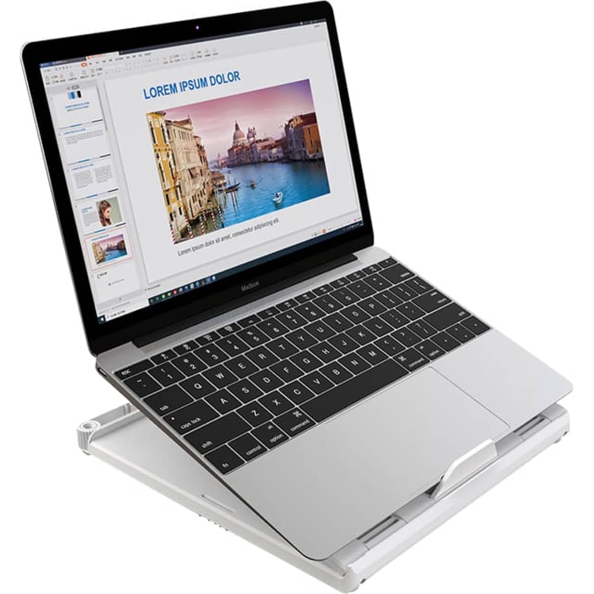 A foldable laptop stand in silver, supporting a laptop displaying a presentation on a white background.