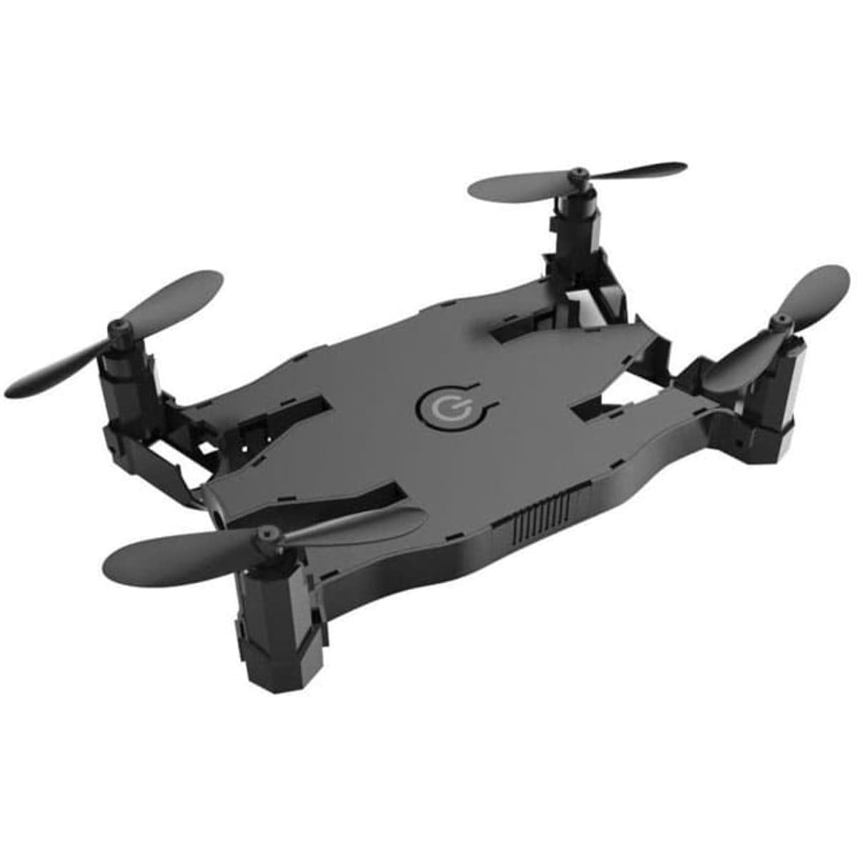 A foldable black drone with four propellers and a compact design, featuring a logo on top.