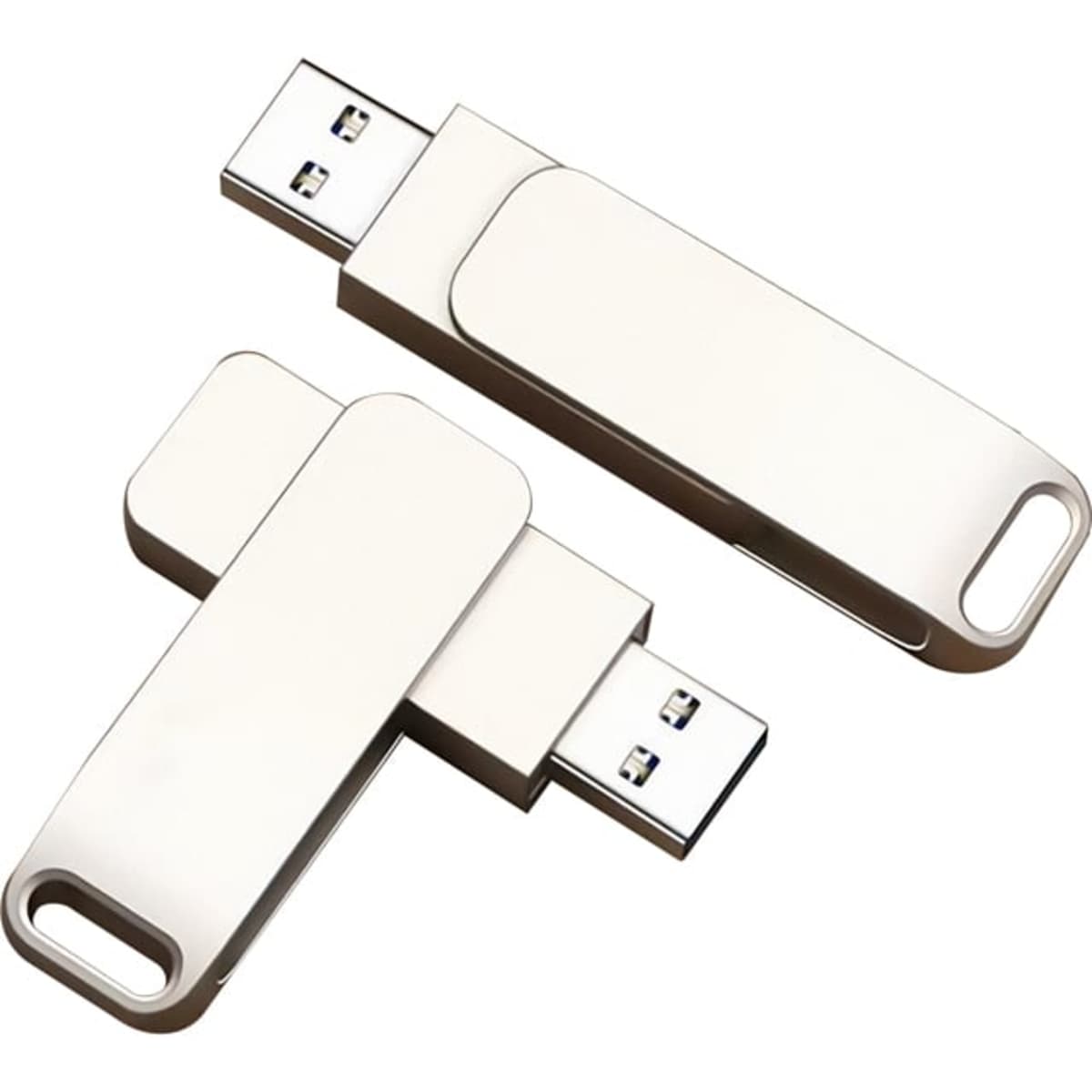 A silver USB flash drive with a sleek design, featuring two sizes side by side. It includes a branding logo.
