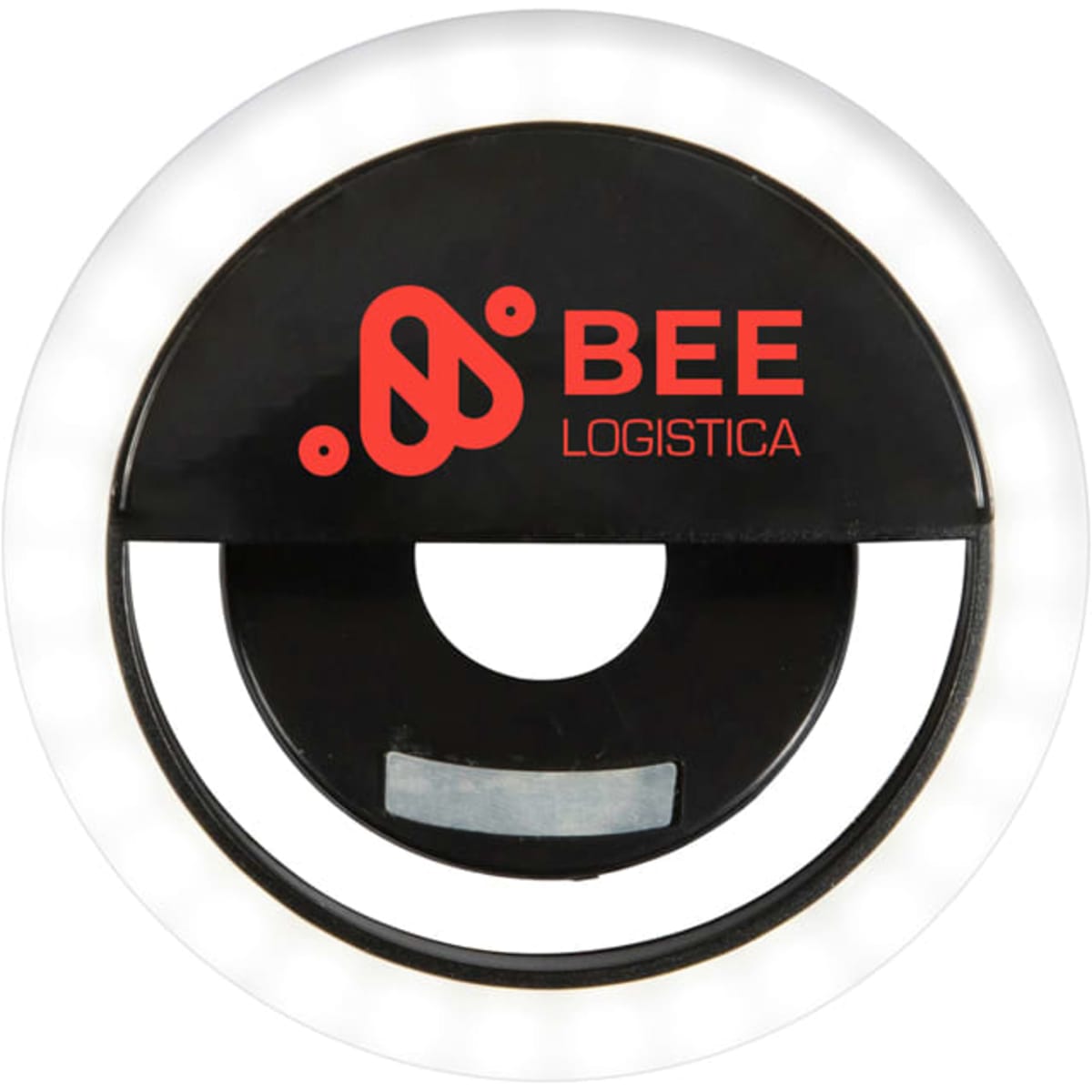 A round black LED selfie light with a glowing white rim and a logo in the centre.