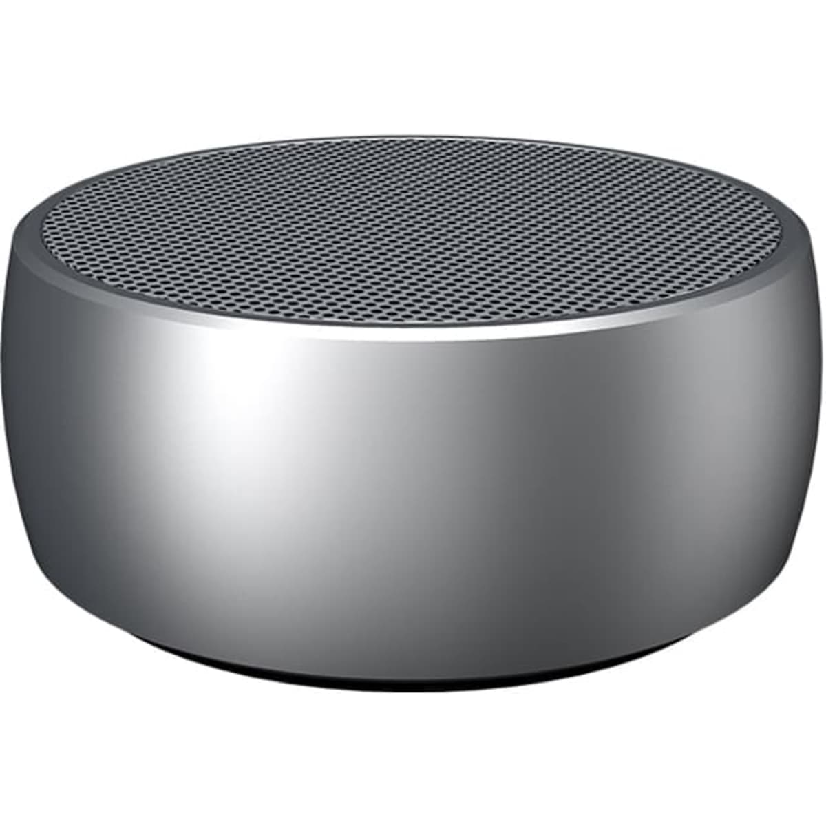 A round, silver wireless speaker with a mesh top, featuring a sleek and modern design.