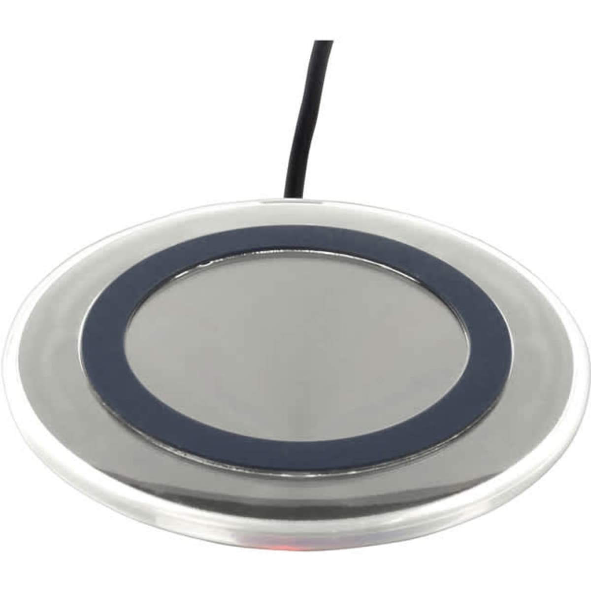 A round silver wireless charger with a black ring around the centre and a connected cable.