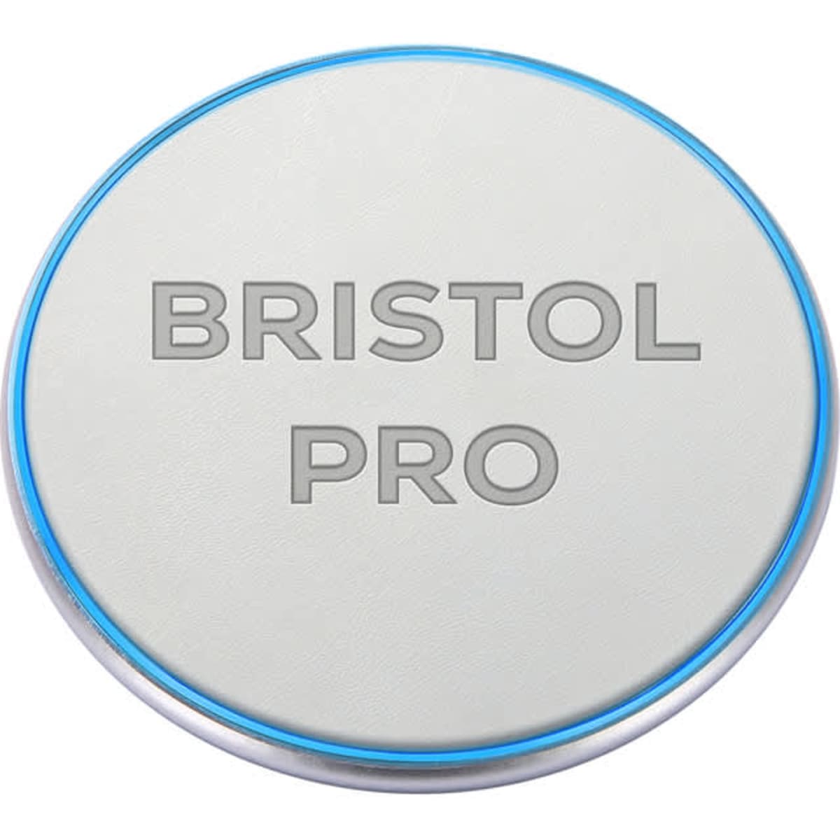 A round, light grey wireless charger with a blue edge and a logo on the surface.