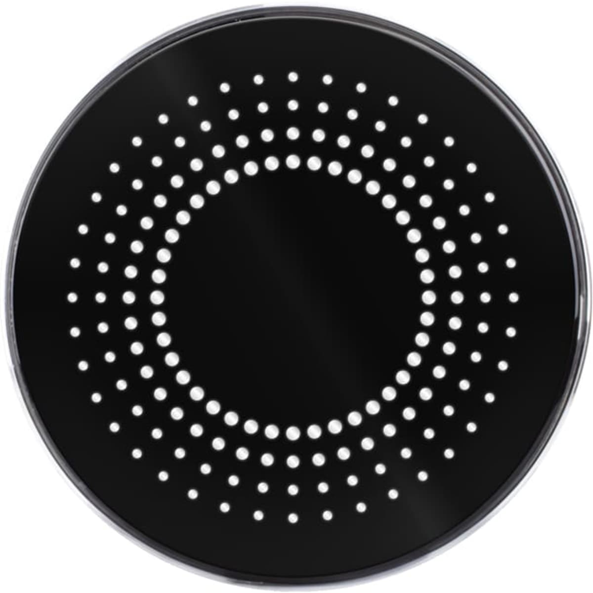 A round black wireless charger with a dotted design in the centre, featuring a shiny, smooth surface.