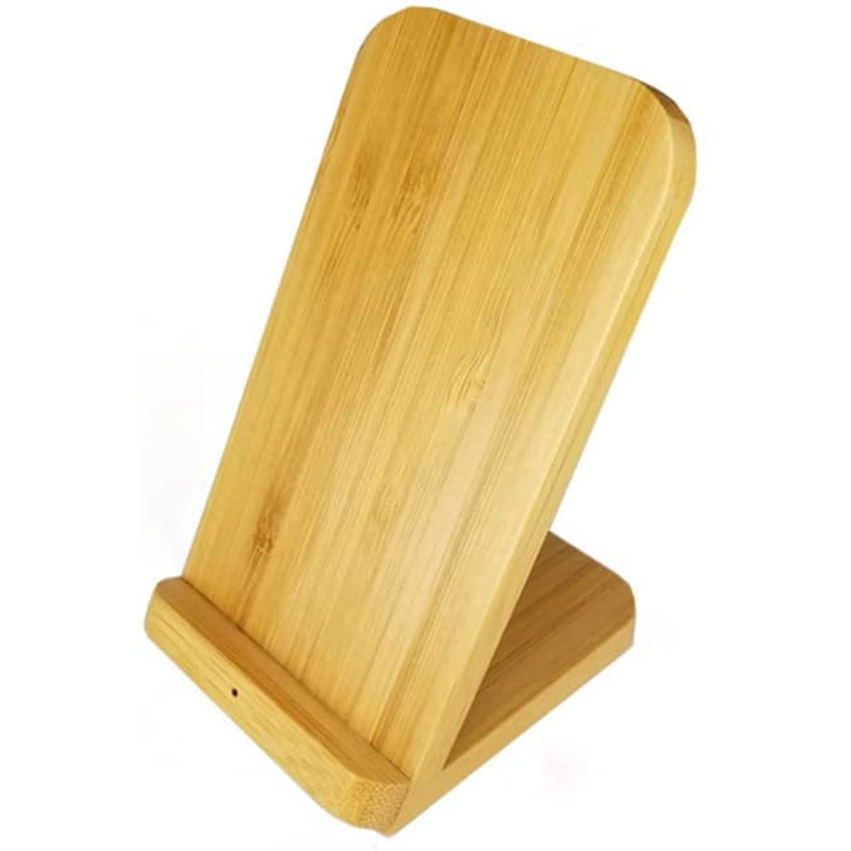 A bamboo wireless charger in a sleek, upright design, showcasing a natural wood finish.