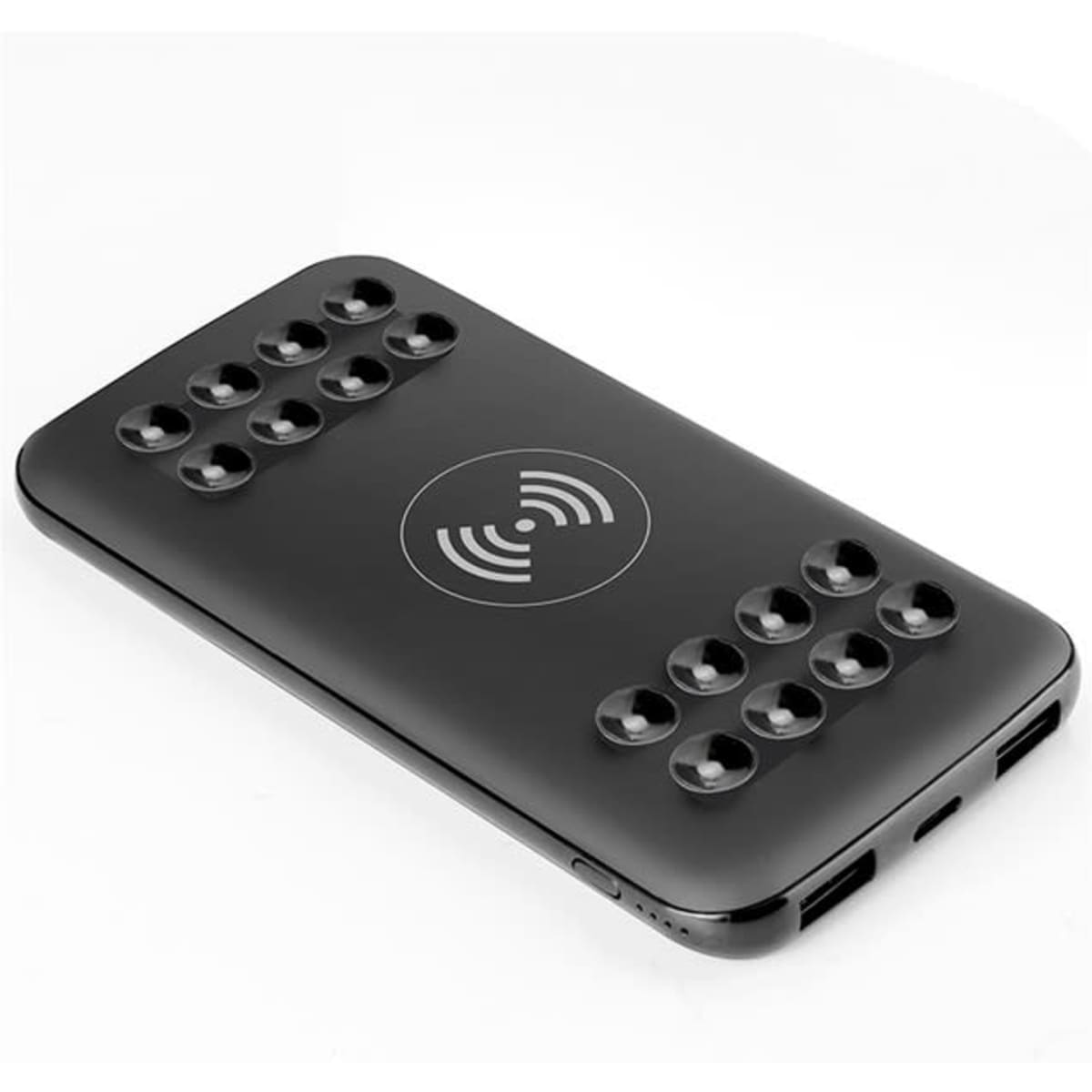 A black wireless power bank with a sleek design featuring multiple charging ports and a logo.
