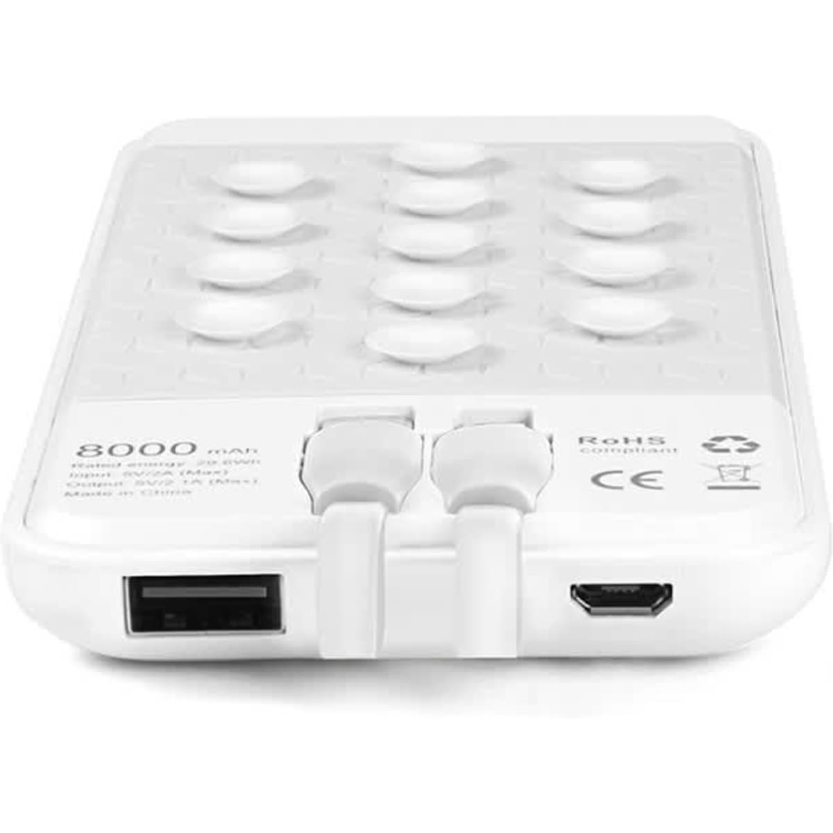 A white wireless power bank with multiple ports, featuring a textured surface and a logo.