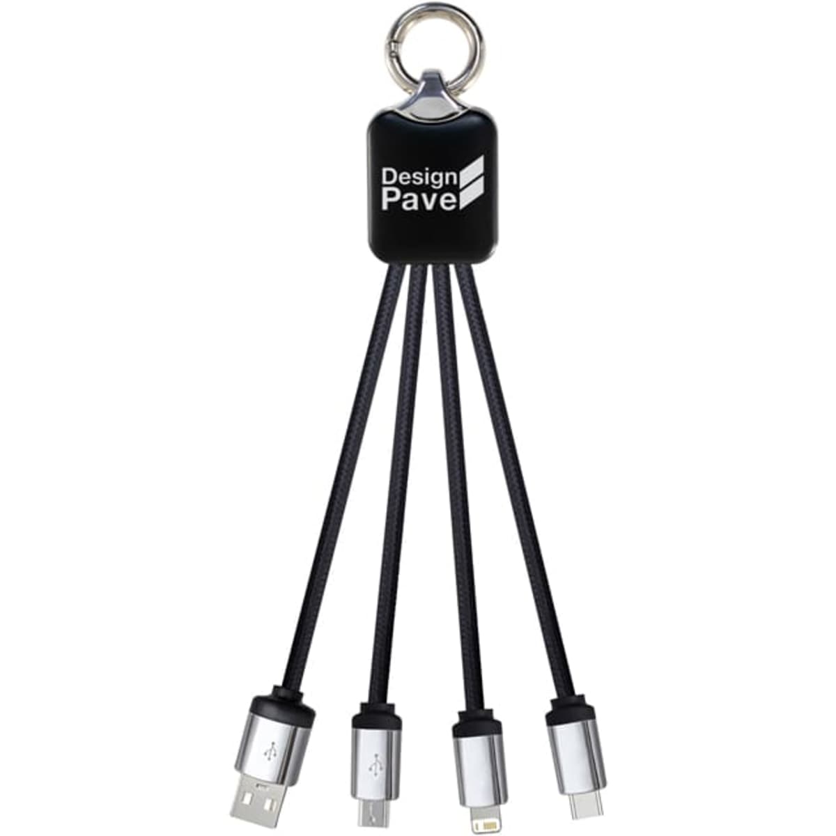 A black charging cable with multiple connectors attached to a keyring. It includes USB, Lightning, and Micro USB connectors.