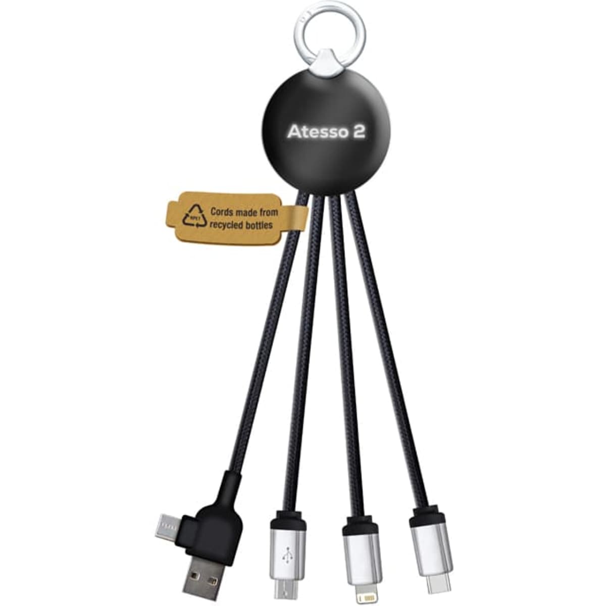 A black charging cable with multiple connectors, featuring a round holder and made from recycled materials.