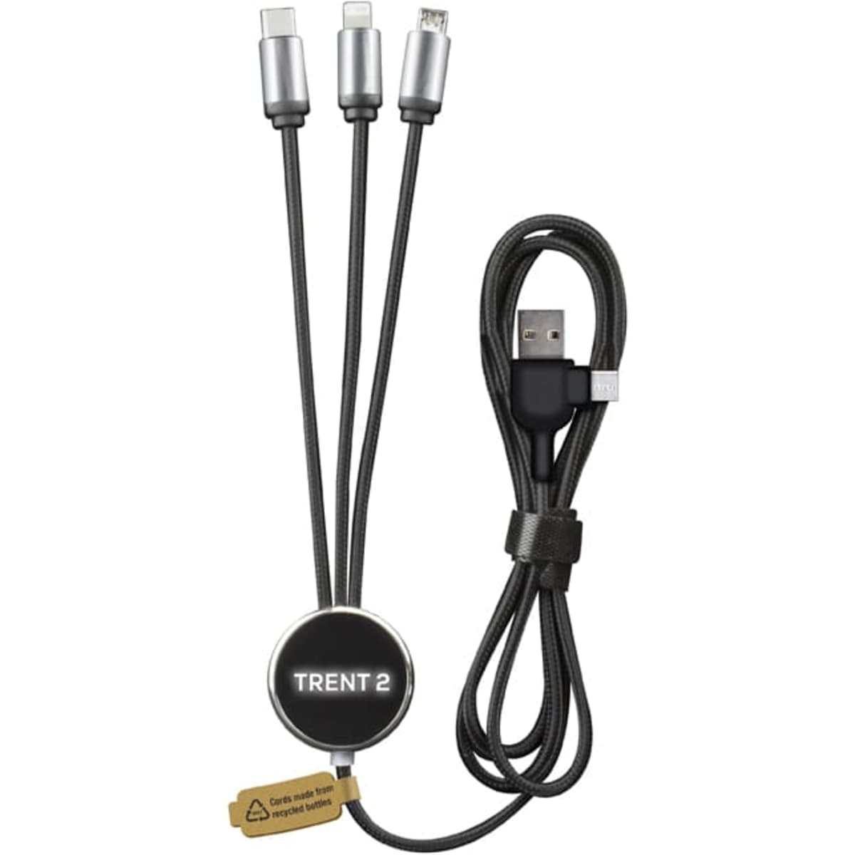 A charging cable with three connectors, featuring a black and silver design and a circular logo.
