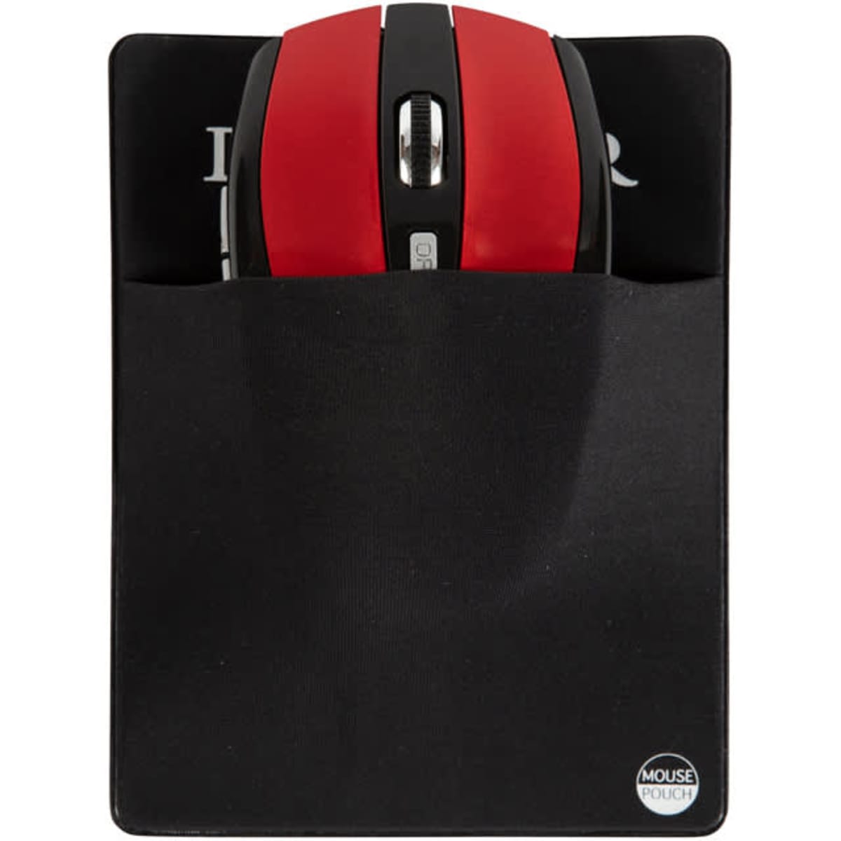 A red computer mouse tucked into a black pouch with a logo, set against a white background.