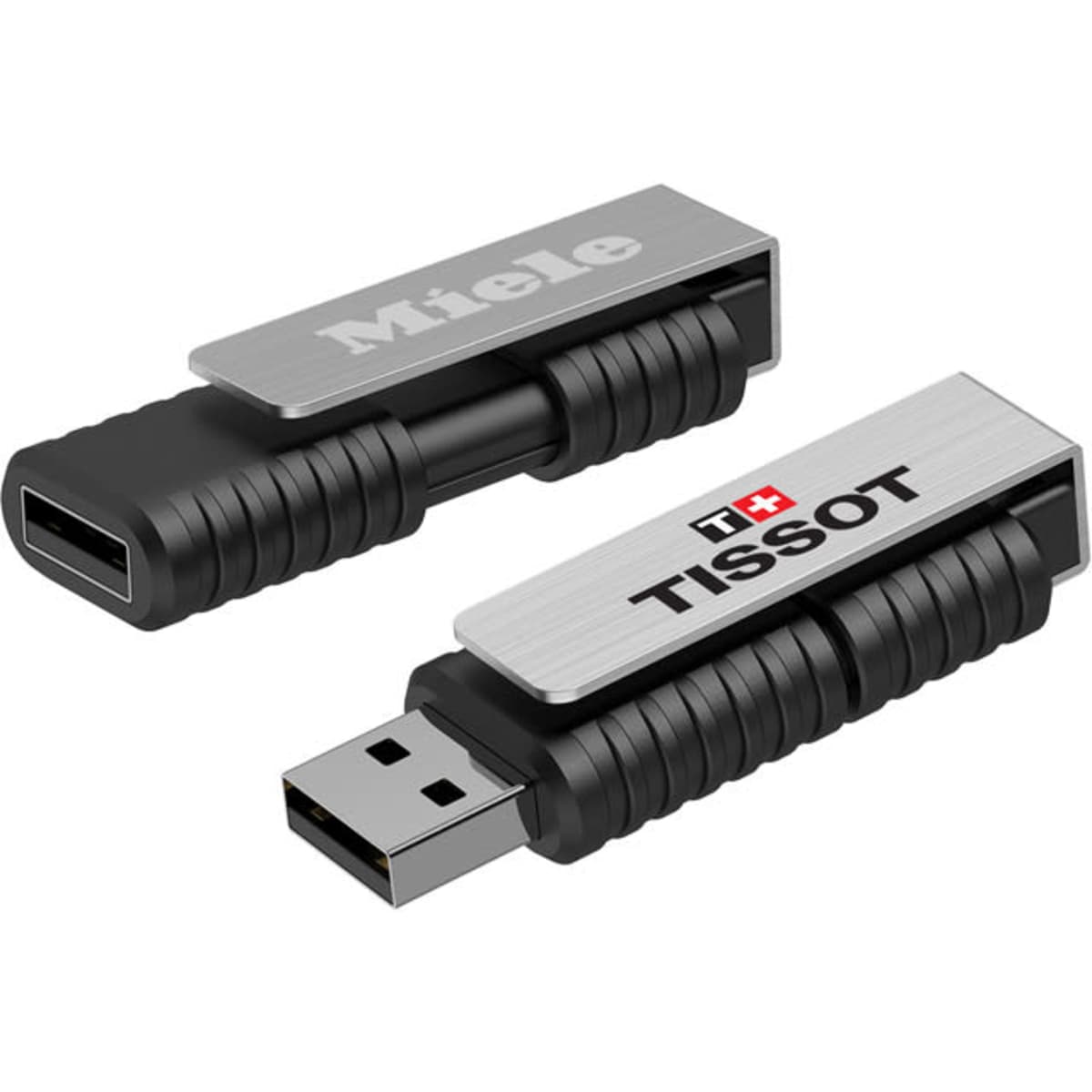 A silver and black flash drive featuring a textured design and logos, with USB-C and USB-A connectors.