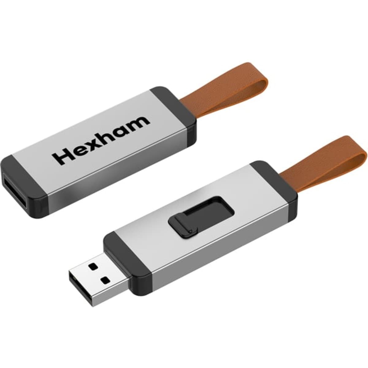 A silver and black Hexham flash drive with a brown strap, featuring a sliding mechanism for connection.