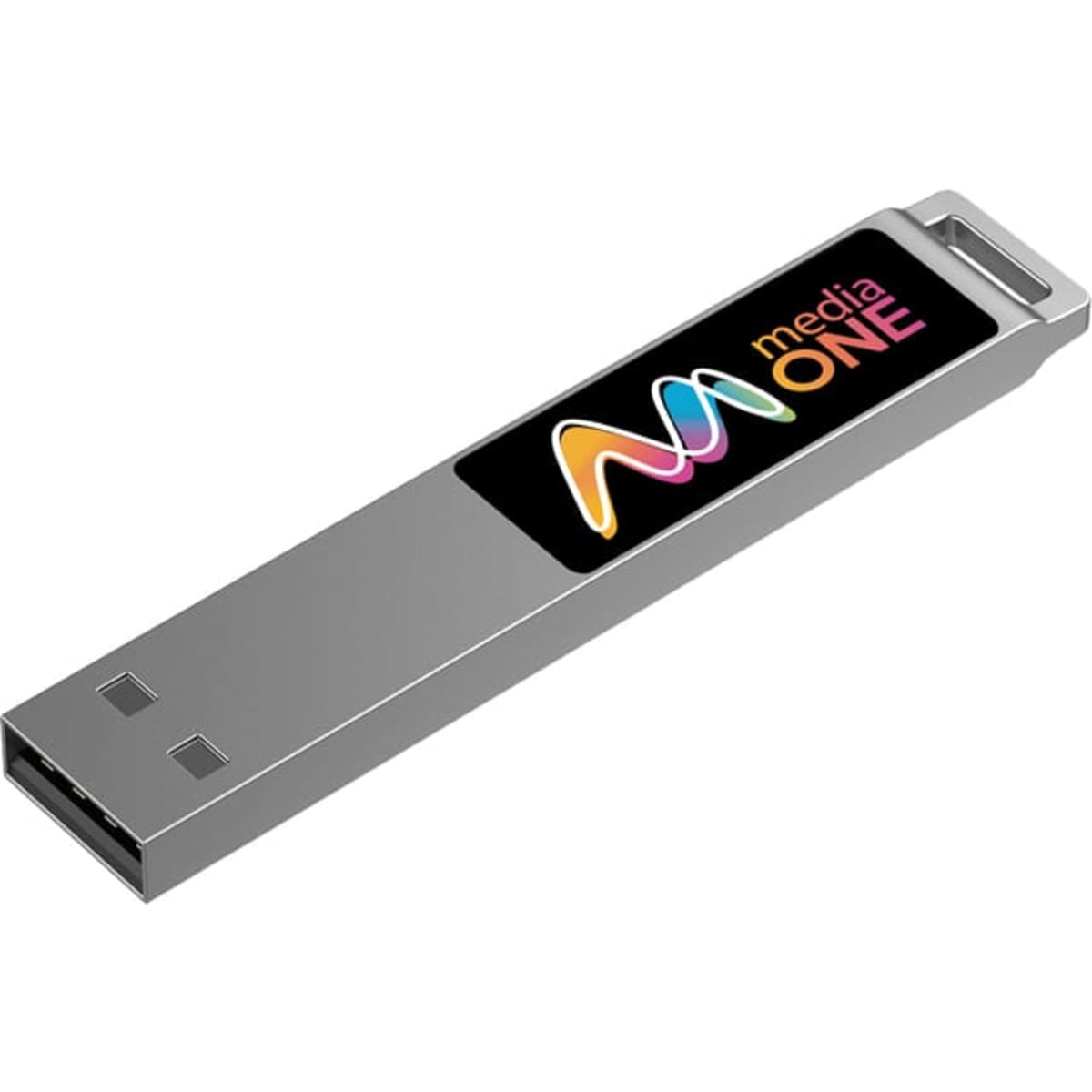 A sleek silver LED flash drive with a digital display, featuring a branding logo.