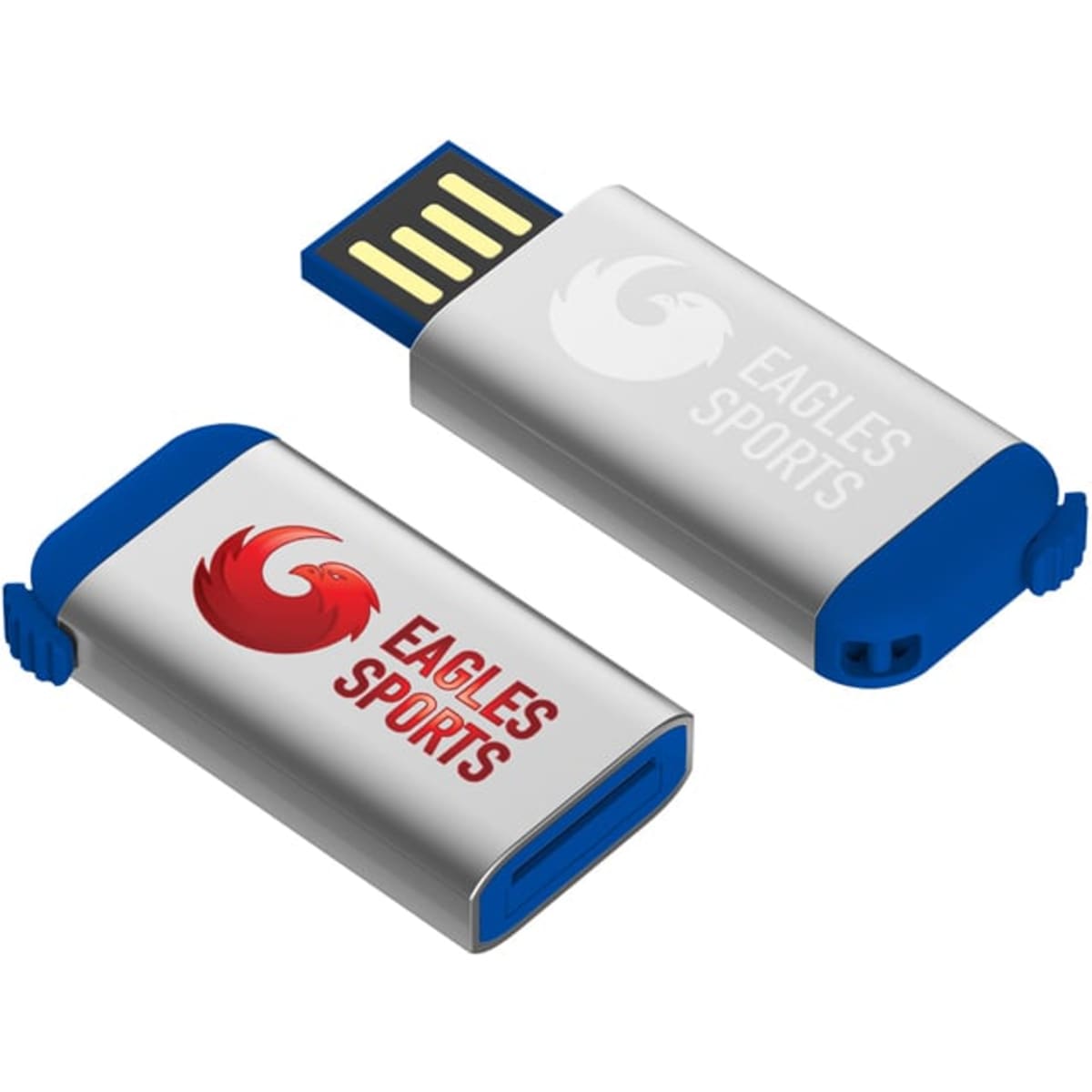 A blue and silver flash drive featuring a logo on both sides. It has a USB connection for data transfer.