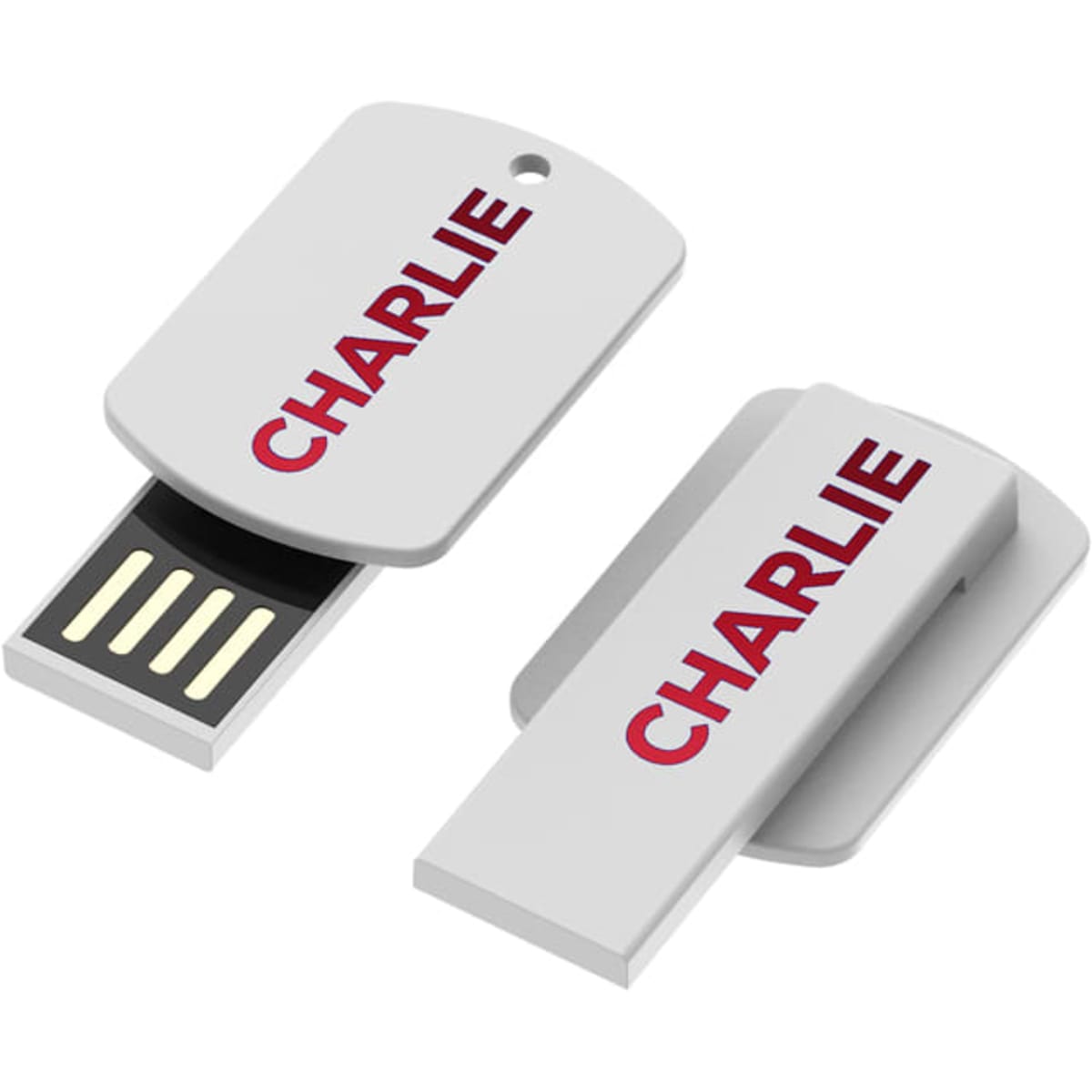 A grey flash drive with a white casing features a sliding design and has a logo on it.