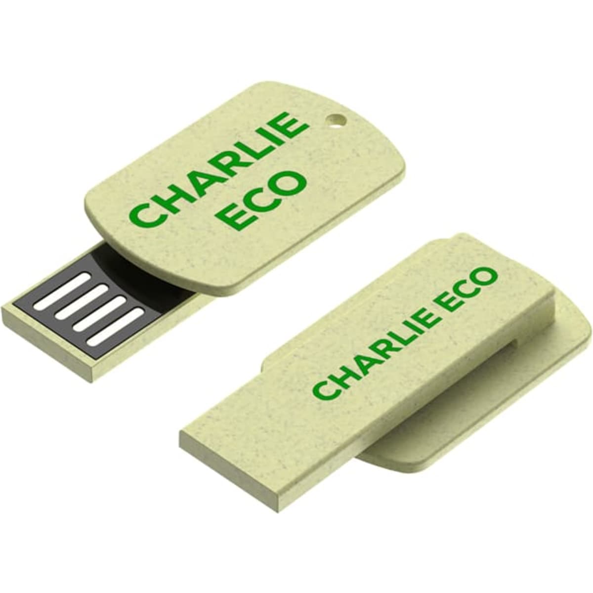 A flash drive in a light green eco-friendly design with a logo, featuring a sliding mechanism for USB connection.