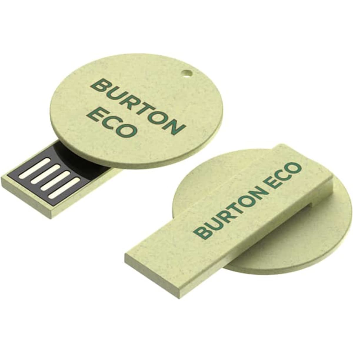 A light green circular flash drive with a sliding mechanism, featuring brand logos on both sides.