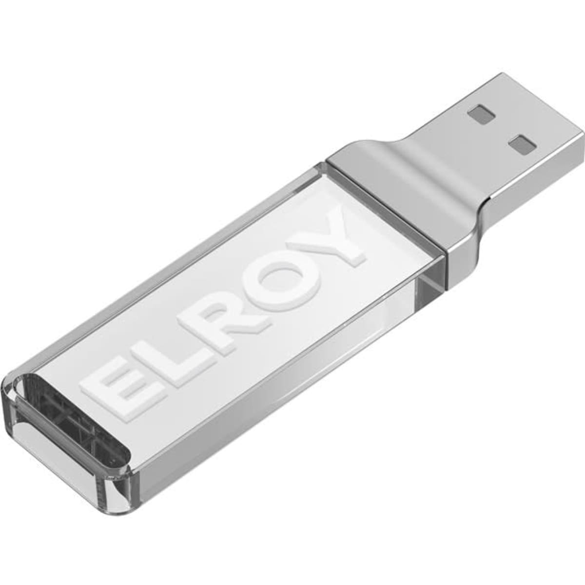 A clear USB flash drive with a sleek design and a logo on its surface.