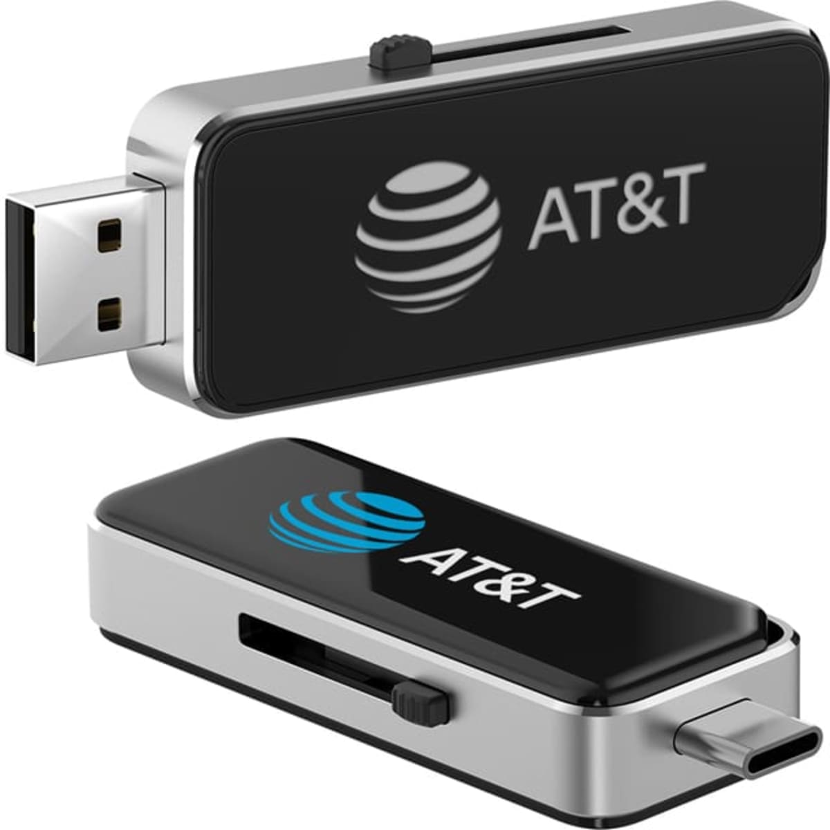 A metallic flash drive with a black casing, featuring a logo. It has both USB and Type-C connectors.