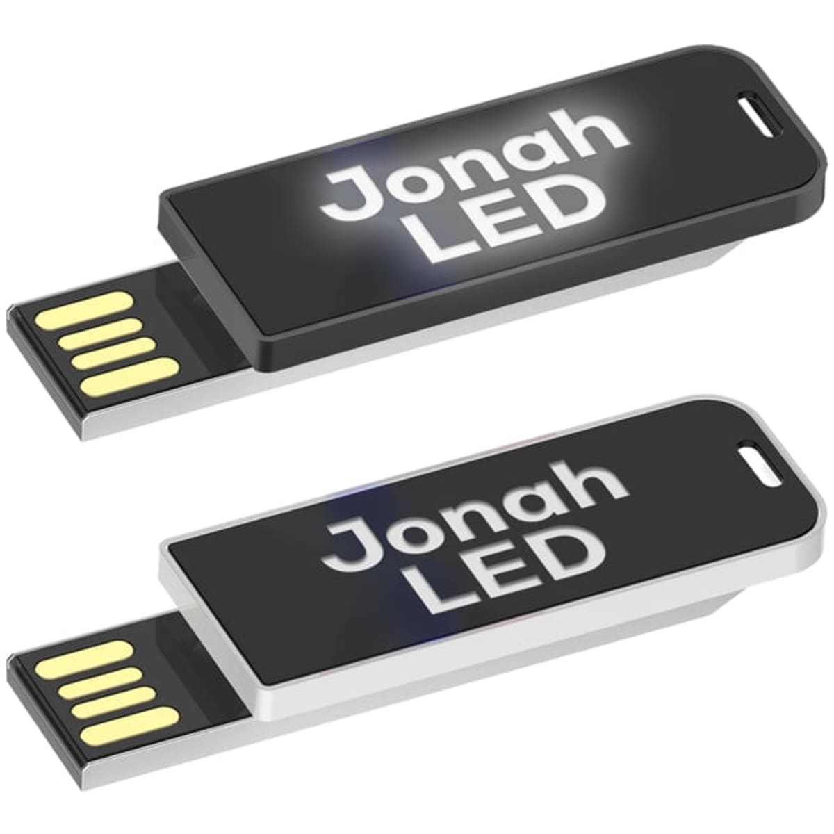A black and silver Jonah LED clip flash drive featuring a glowing logo. It has a USB connector.