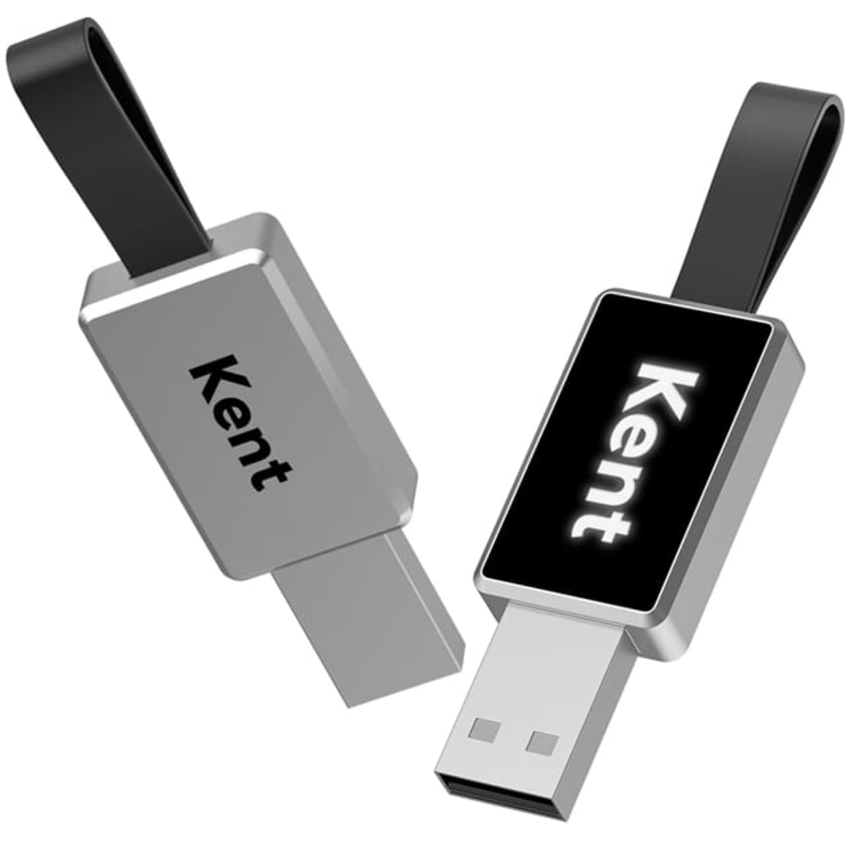 A silver flash drive with a black strap and a logo on the side, featuring a rectangular design.
