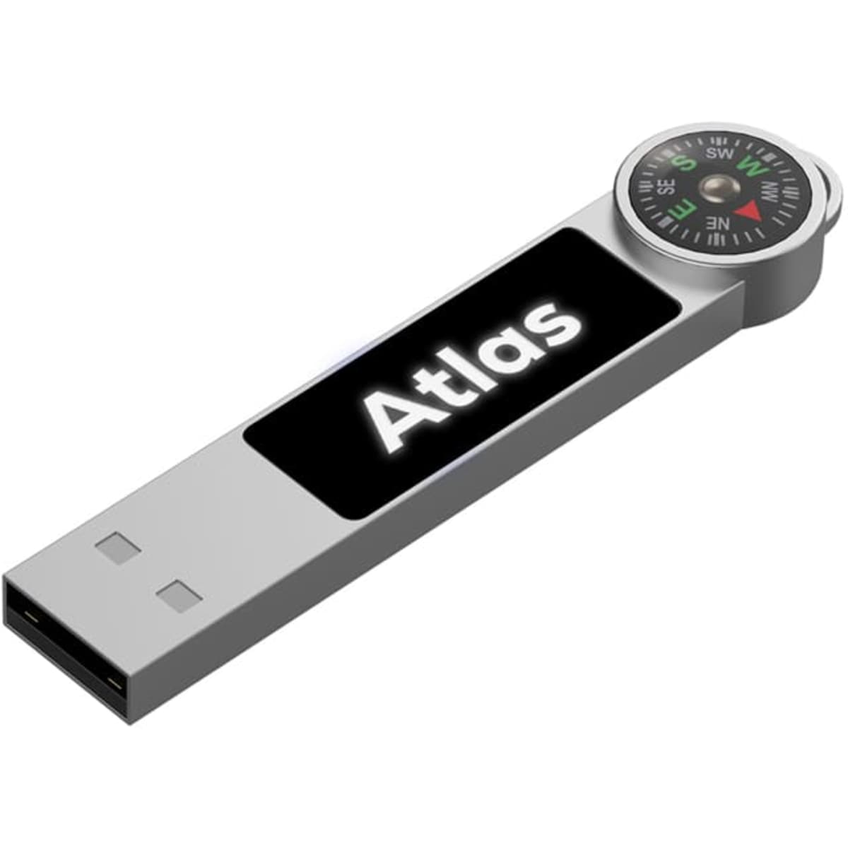 A silver LED flash drive with a compass feature and a branding logo.