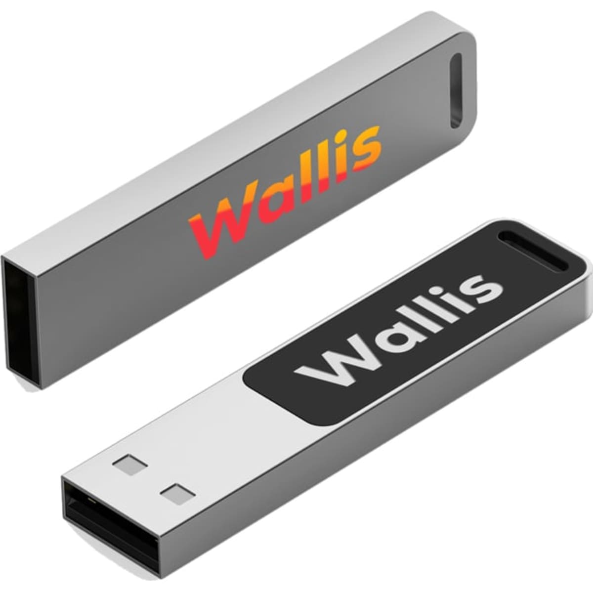 A silver and black USB flash drive featuring a logo on both sides.