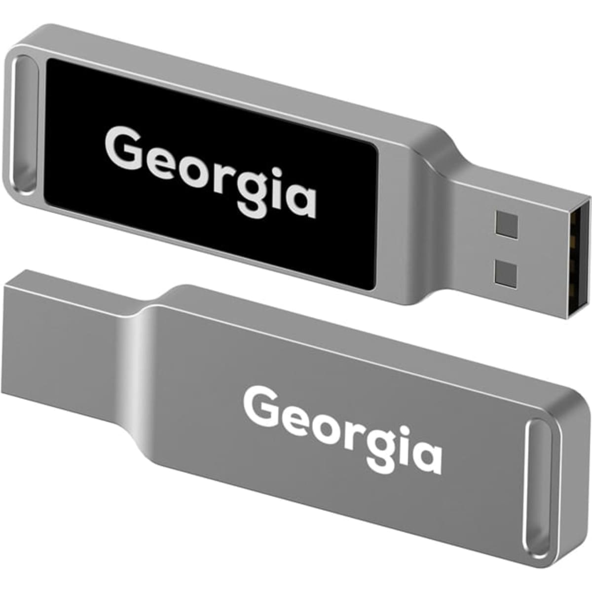 A silver LED flash drive with a black and white branded section, featuring a USB connector.