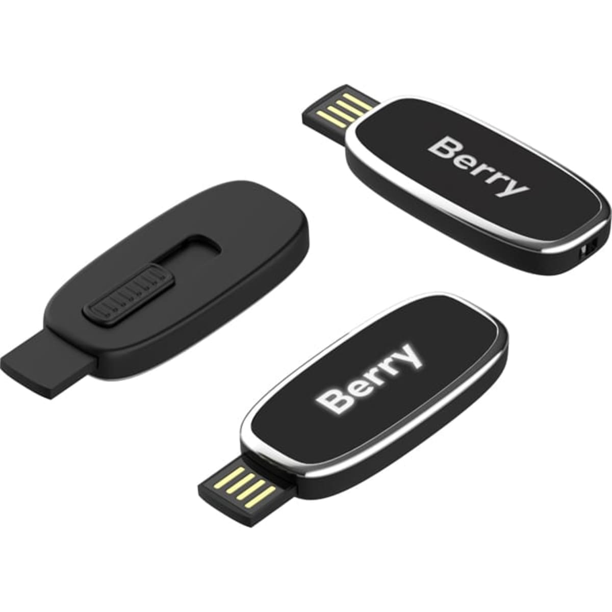 A black Berry LED flash drive with a sleek design, featuring a logo on its surface.