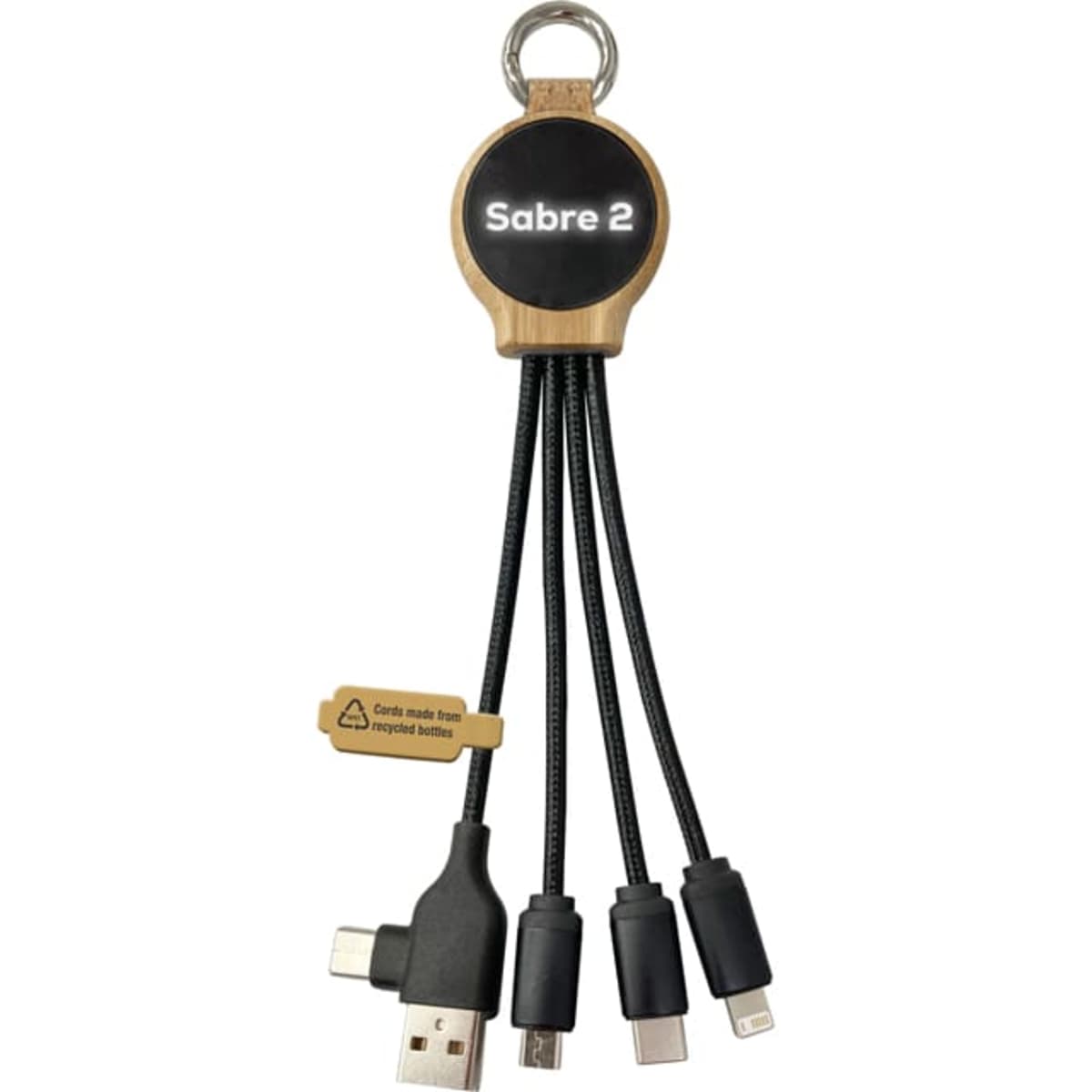 A charging cable with multiple connectors in black, featuring a circular, branded attachment.